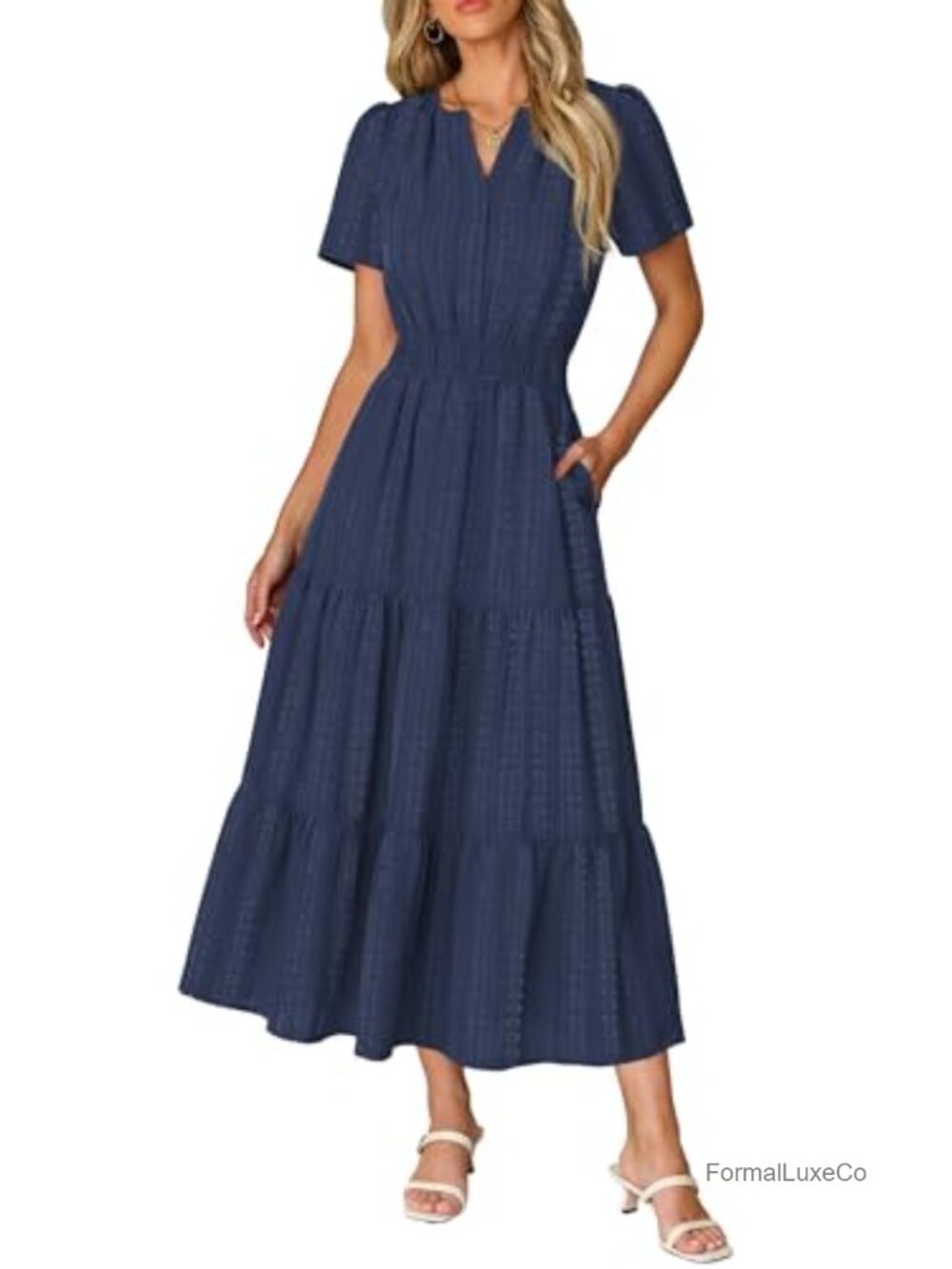 Summer Midi Maxi Short Sleeve Dress V-Neck A-Line Pockets Vacation